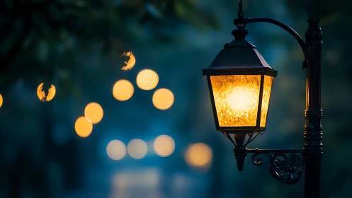 Vintage street lamp glows softly against dreamy bokeh night.