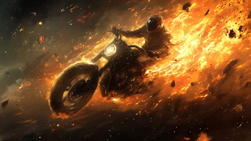 Rider in a firestorm carving through glowing embers at night.