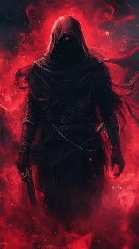 Hooded spectral assassin in crimson particulate vortex field.