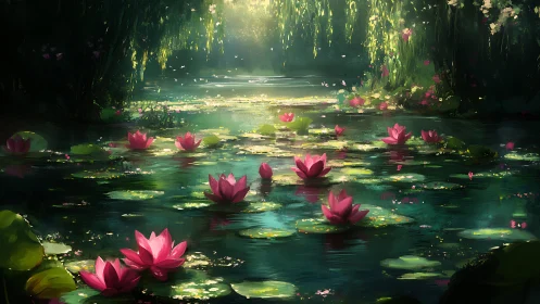 Sunlit lily pond glows beneath cascading greenery and mist