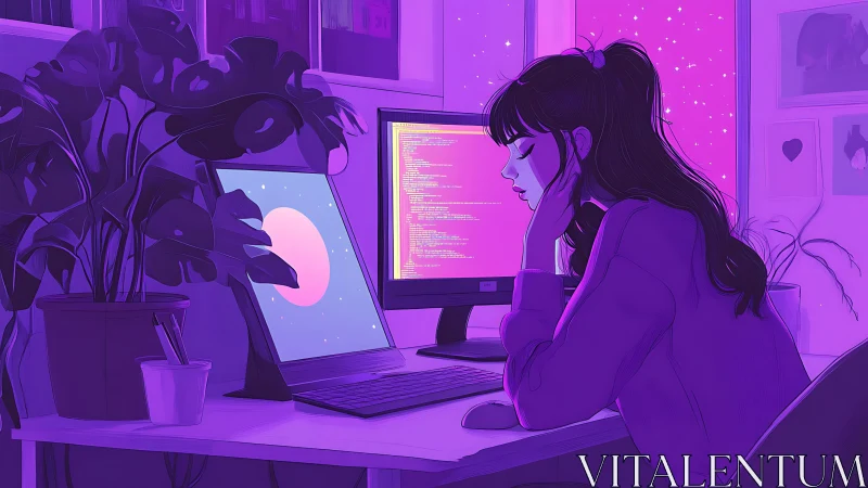 Tired night coder leans over dual screens in neon workspace