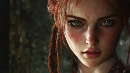 Freckled red haired warrior girl with intense green gaze.