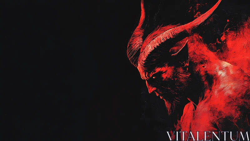 Red horned humanoid profile on black negative space background.