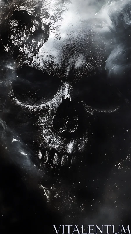 Midnight obsidian skull emerging from tattered cosmic smoke.