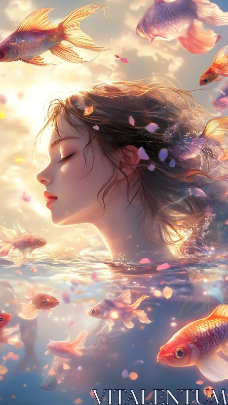 Dreamy girl floats with gentle goldfish in glowing water