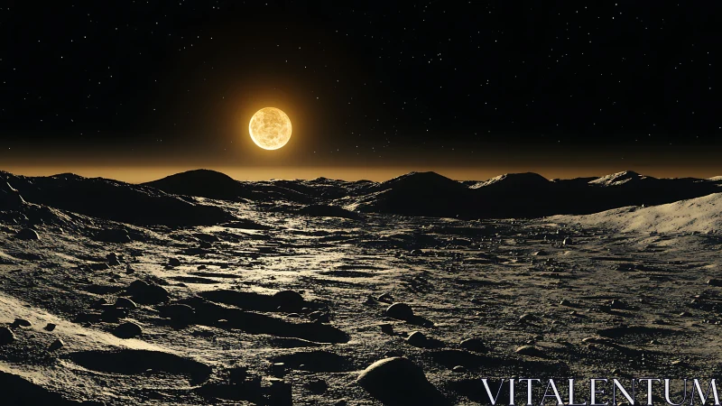 Lunar horizon under golden sun and star-laden sky.