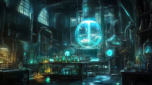 Futuristic laboratory interior shows complex glass reactor network