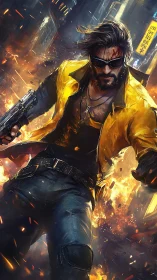 Cyber-noir gunman strides through explosive urban inferno