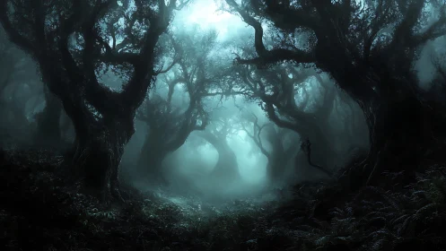 Haunted misty forest corridor glows with eerie moonlit haze