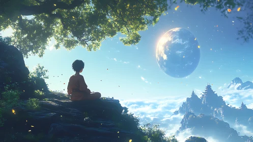 Child observing floating planet above misty mountains.