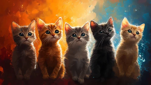 Five Kittens Against Dramatic Chromatic Gradient Background.
