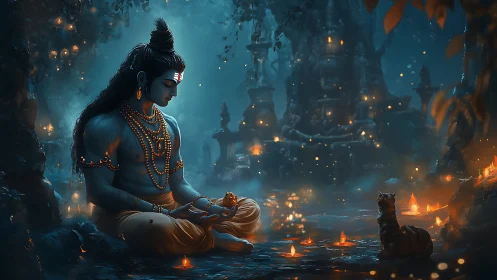 Gentle blue deity in candlelit forest sharing quiet wonder.