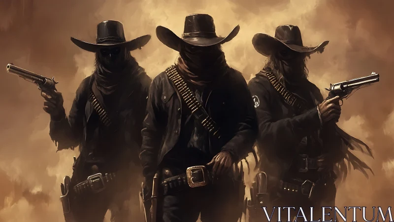 Masked gunslinger trio in sepia-toned desert gunsmoke