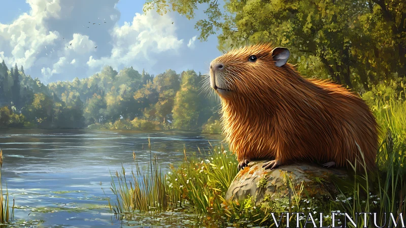 Capybara resting on riverbank rock in sunny landscape.