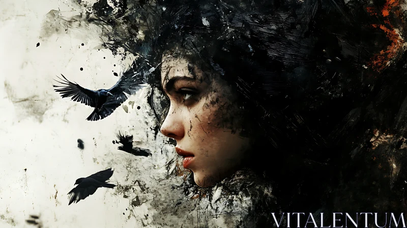 Inkstorm ravens spiral from a dreaming girl&rsquo;s painted dusk