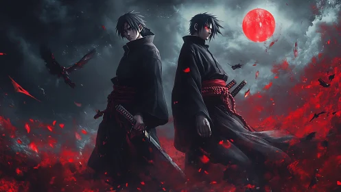 Twin anime swordsmen stand under a blood moon in crimson storm