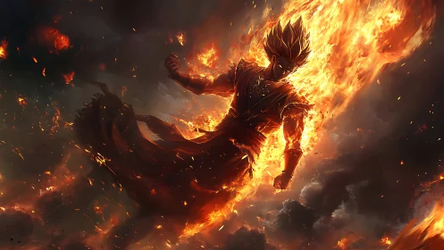 Fiery warrior rising through stormy skies in blazing power.