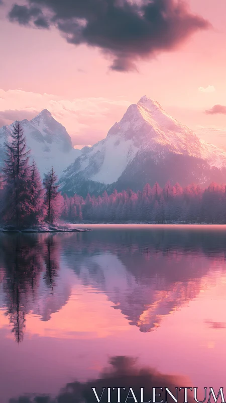 Snowy mountain lake with reflected peaks at pink dusk.