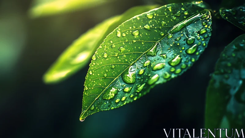 Dewdrops glisten on vibrant green leaf in soft morning light.