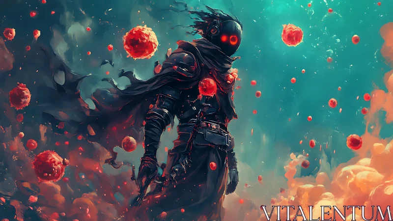 Dark cosmic warrior amid fiery orbs in swirling nebula.