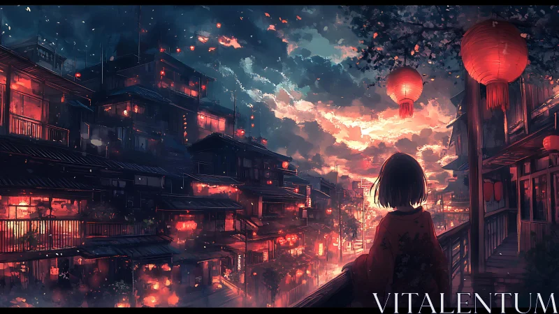 Lantern-lit river town rendered in high-contrast atmospheric perspective