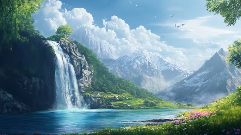 Sunlit mountain waterfall cascades into a tranquil turquoise lake