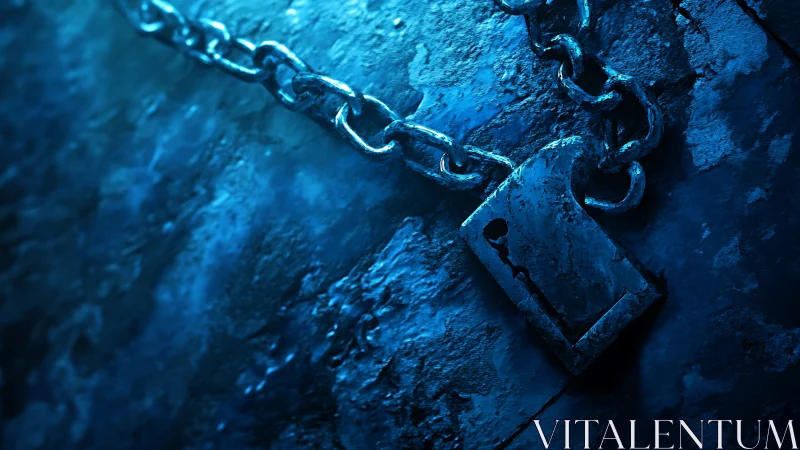 Rusty metal chain and lock plate under cold blue light.