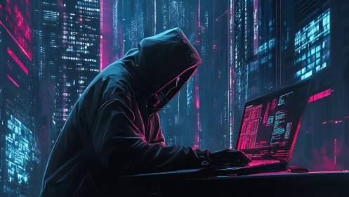 Hooded cyberpunk hacker coding in neon city at night.