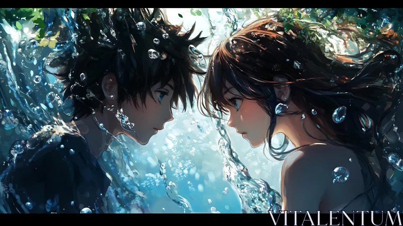 Two anime figures immersed underwater share an intimate gaze