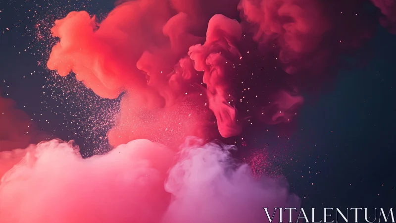 Crimson ink clouds swirl through deep indigo negative space.