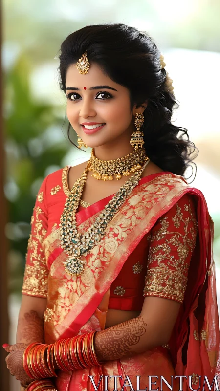 Smiling Indian bride wears red silk saree and gold jewelry