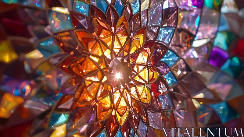 Radial stained glass mandala with central specular light burst