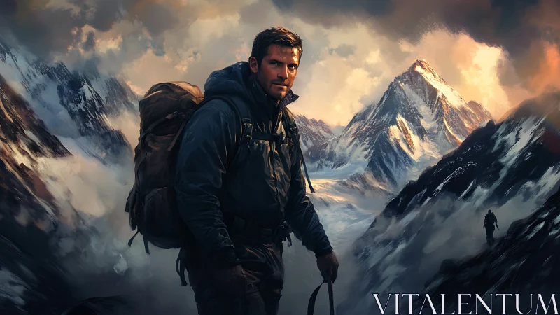 Alpinist studies a sunlit summit amid dramatic storm clouds