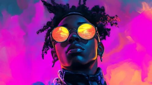 Neon-lit portrait of person in reflective round sunglasses.