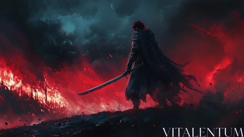 Stormlit swordsman carves a burning path through crimson dusk