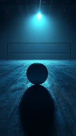 Volleyball court under blue spotlight with lone ball.