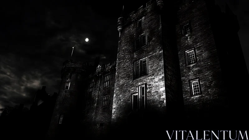 Nocturnal stone bastion under high-contrast lunar illumination.