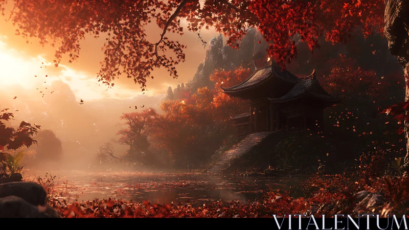 Tranquil autumn temple retreat glowing beside calm water.