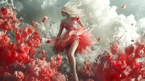 Ethereal woman drifts through crimson blossoms and clouds.