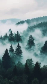 Misty Forest Landscape with Evergreen Trees.