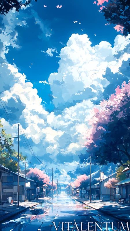 Spring-lit empty street under towering cotton clouds.