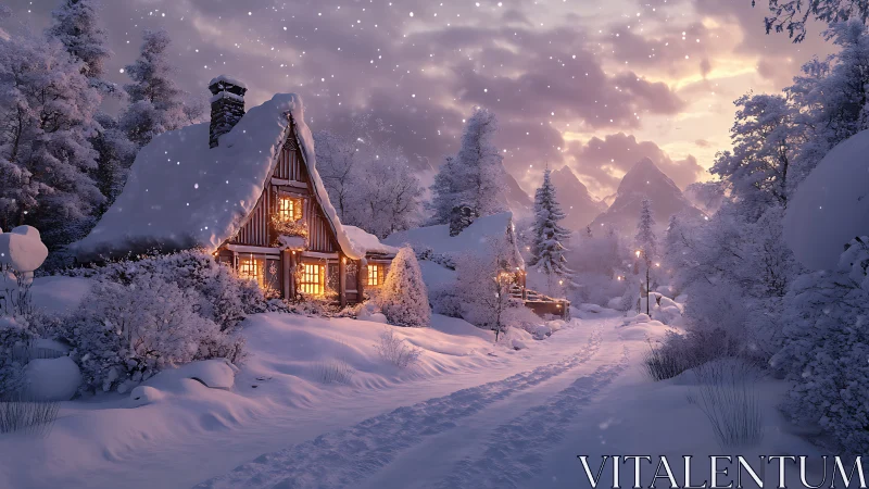 Snowlit cottage dreams along a lantern-lit winter path.