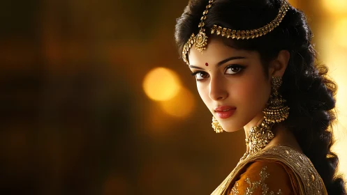 Elegant Indian bride gazes softly amid glowing golden lights