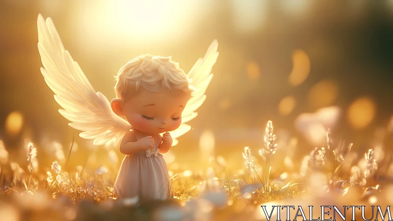 Backlit cherub angel kneeling in golden meadow light