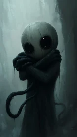 Figure with spherical head and tentacles stands in mist