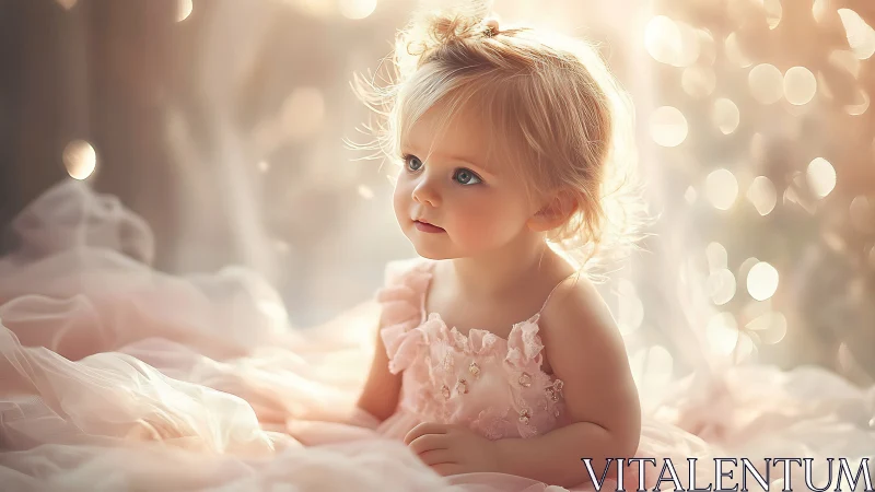 Young child in elegant pink tulle dress amid golden bokeh lights