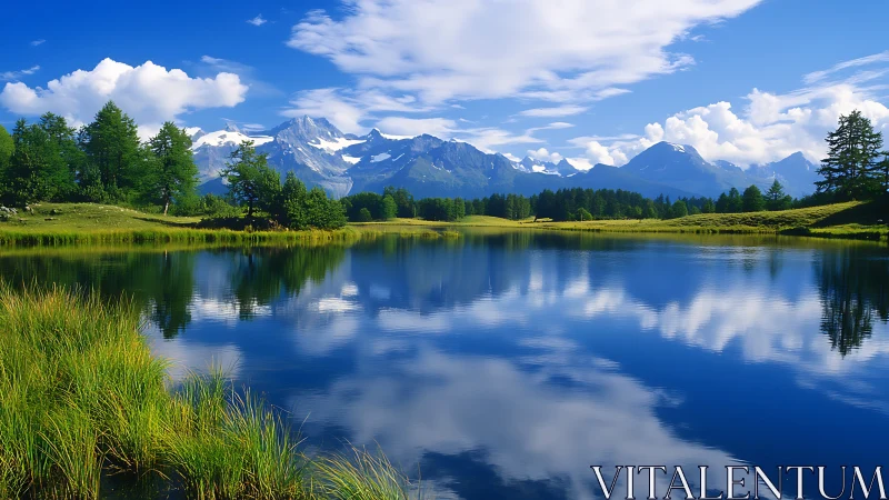 Mountain lake with tree line and cloud reflections viewed.