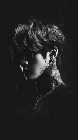 High-contrast monochrome portrait explores fragmented identity