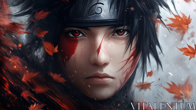 Hyperreal anime warrior portrait with dynamic autumn leaves