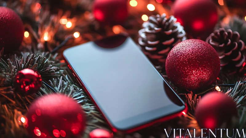 Holiday phone nestled in crimson baubles and pine glow.